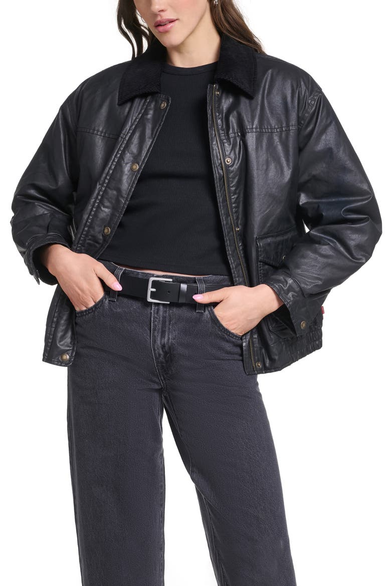 Relaxed Waxed Cotton Bomber Jacket, Main, color, BLACK