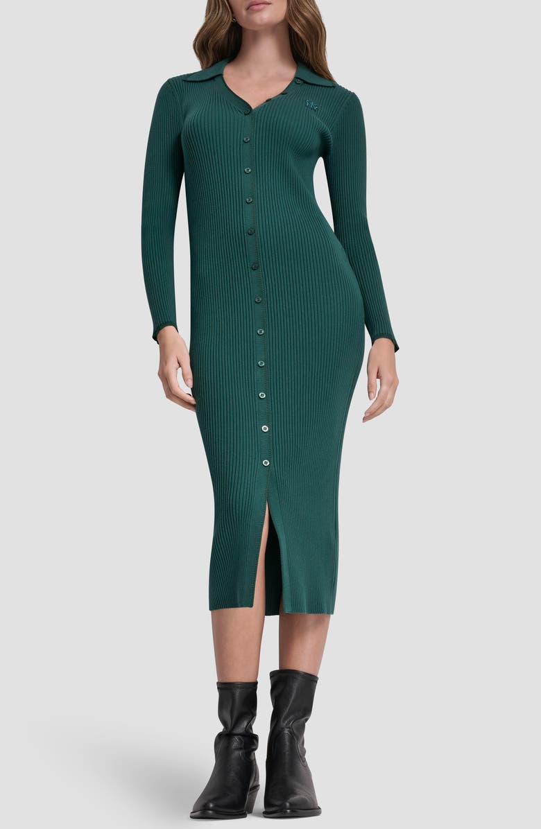 DKNY Jeans Long Sleeve Rib Polo Dress, Alternate, color, Cool Pine