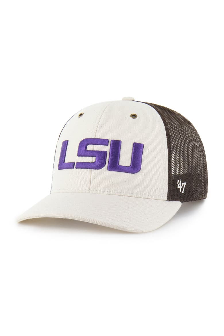 Men's Carhartt x '47 Natural/Brown LSU Tigers Undyed Trucker Adjustable Hat, Main, color, Natural