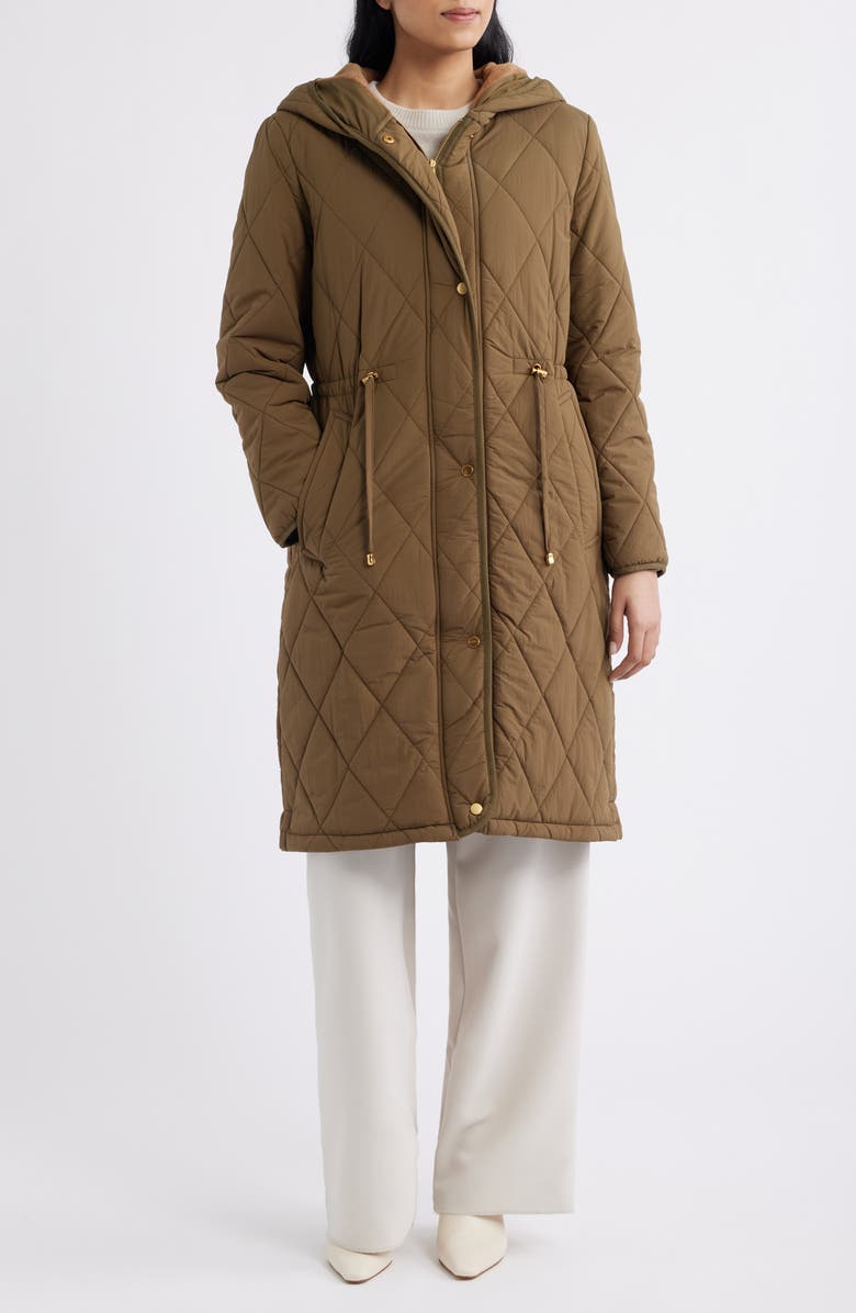 Donna Karan New York Quilted Hooded Coat, Main, color, Beech