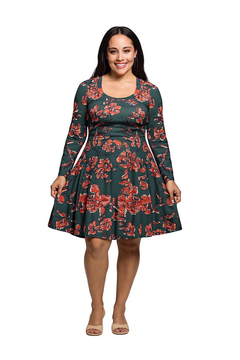 Long Sleeve Fit and Flare Dress in Floral Print, Main, color, Orange Multi