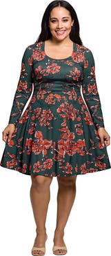 24seven Comfort Apparel Long Sleeve Fit and Flare Dress in Floral Print