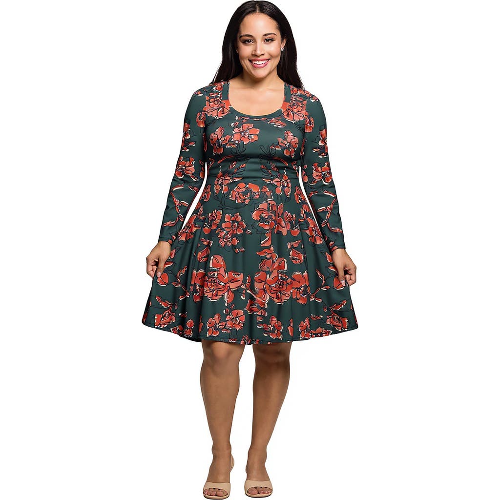 24seven Comfort Apparel Plus Size Long Sleeve Fit And Flare Dress In Multi