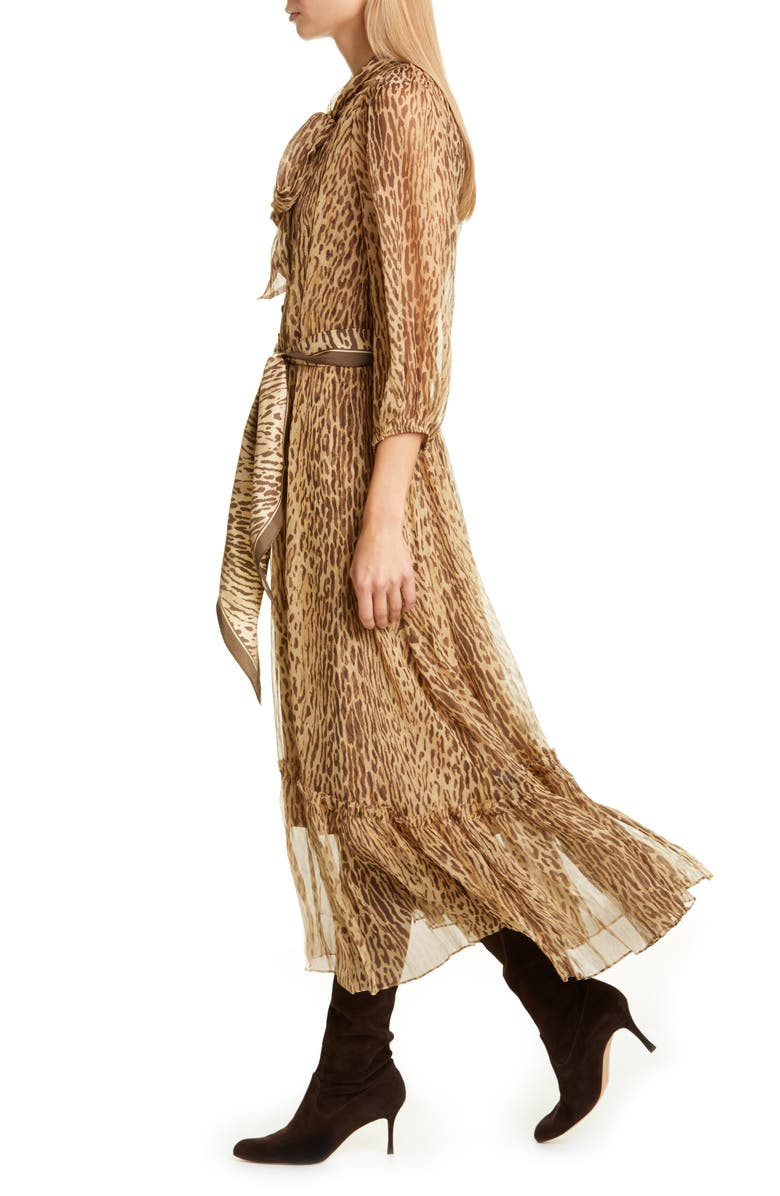Zimmermann Espionage Leopard Print Tie Neck Silk Midi Dress, Alternate, color, 