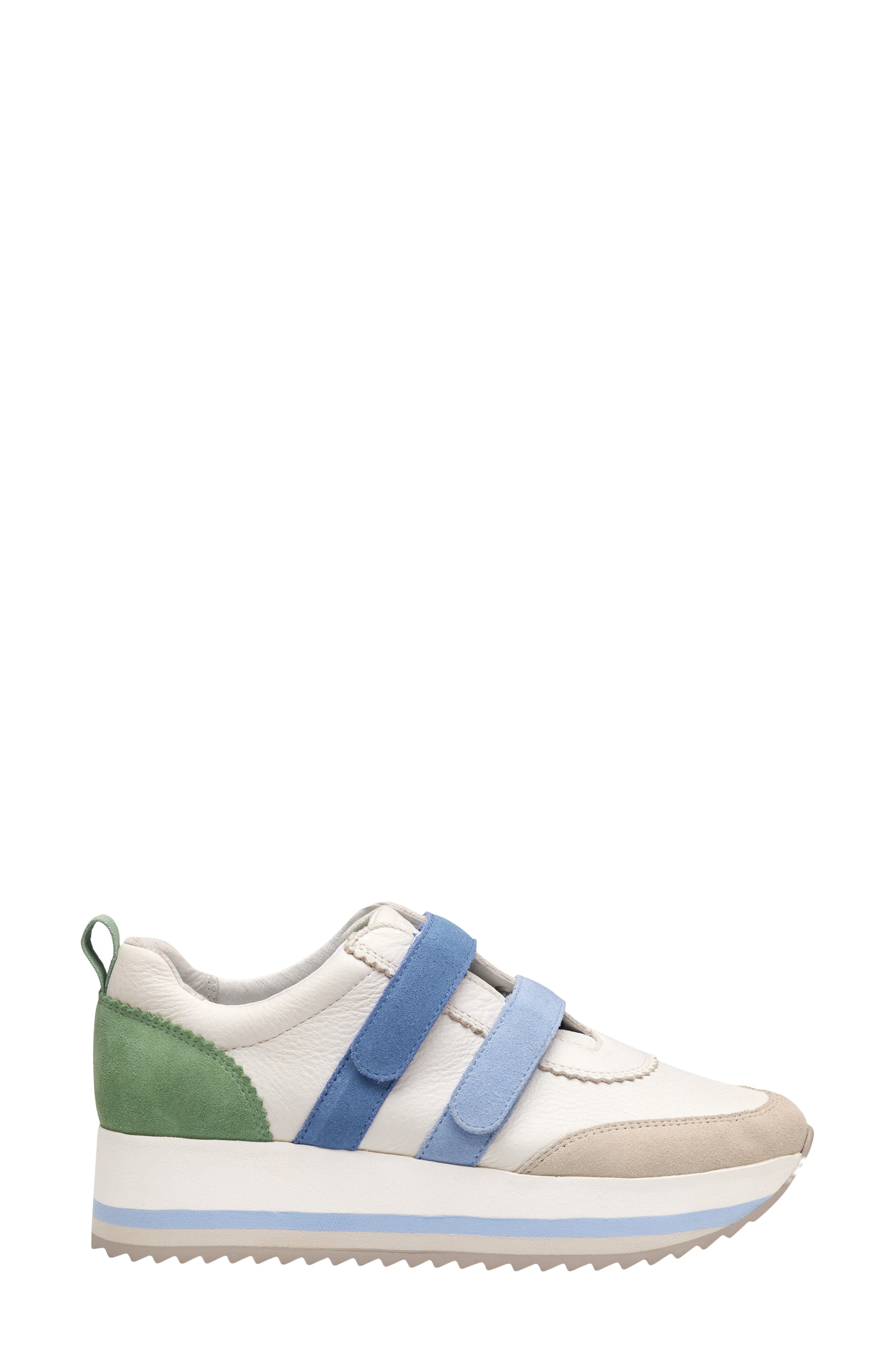 Johnston & Murphy Gracie Double Strap Platform Sneaker, Alternate, color, White/ Blue/ Green Suede