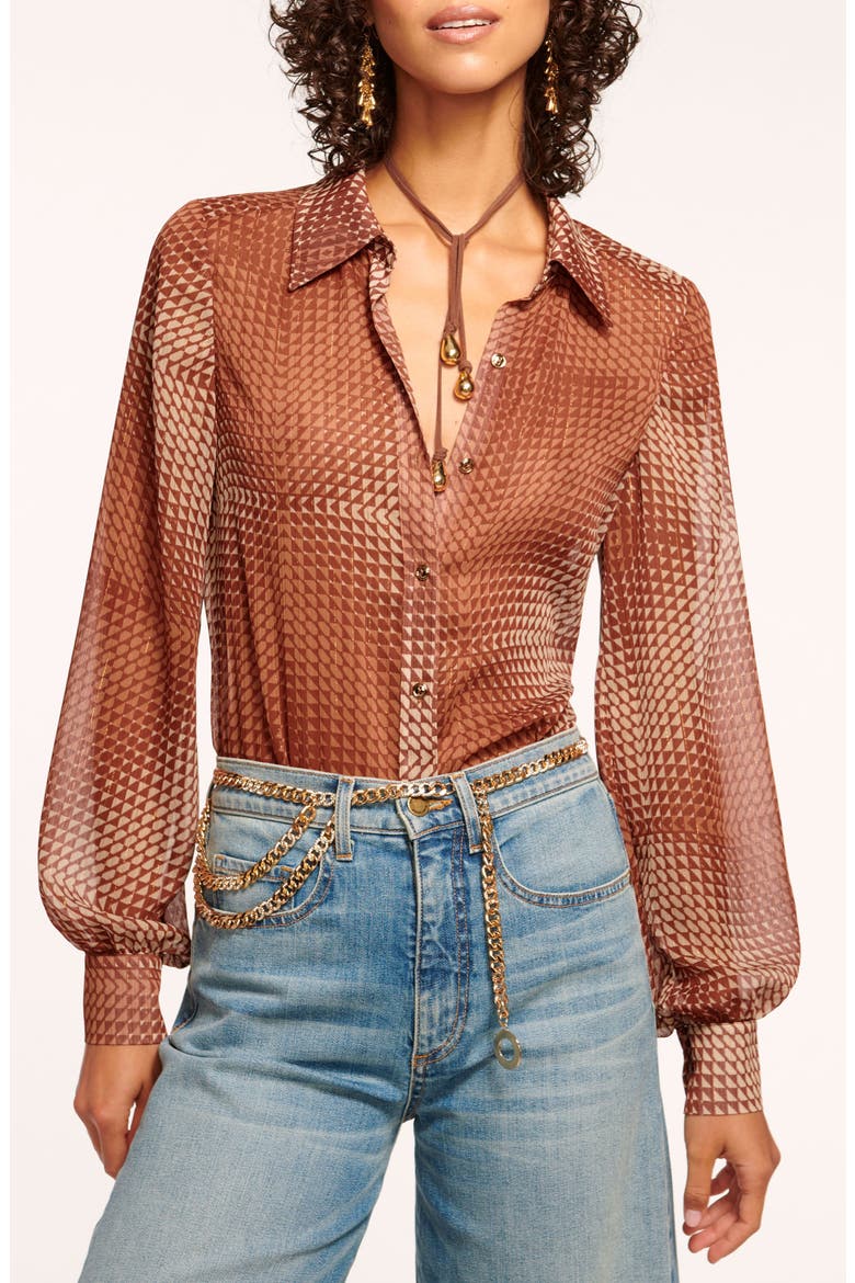 Polly Metallic Stripe Geo Print Button-Up Shirt, Main, color, SADDLE GEO