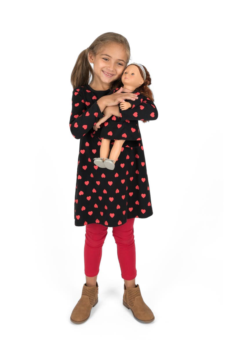 Girls Cotton Dress with Matching Doll Dress, Printed Design, Main, color, HEARTS