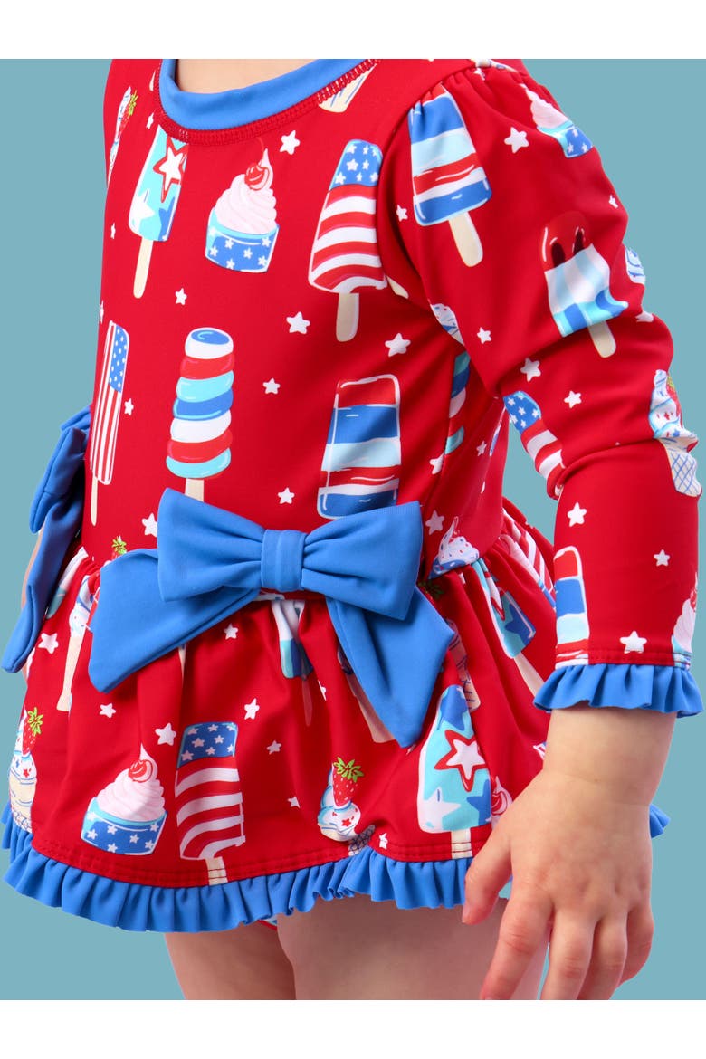 UPF50+ Long Sleeve One Piece Bow Peplum Rash Guard Swimsuit, Alternate, color, Stars & Scoops