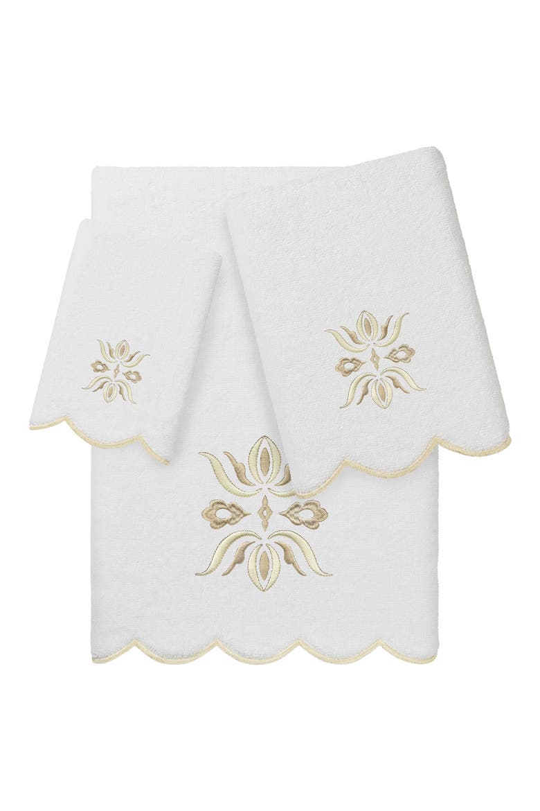 Flower Crest Scallop 3-Piece Towel Set, Main, color, WHITE/ BEIGE