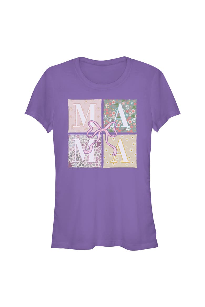 Junior's Mickey & Friends Box Patterns Mama Bow  Graphic T-Shirt, Main, color, Purple