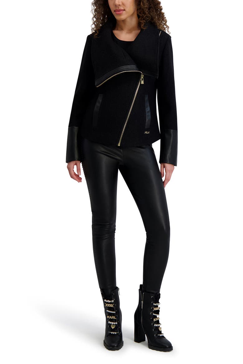 Wool Blend & Faux Leather Asymmetric Jacket, Alternate, color, BLACK