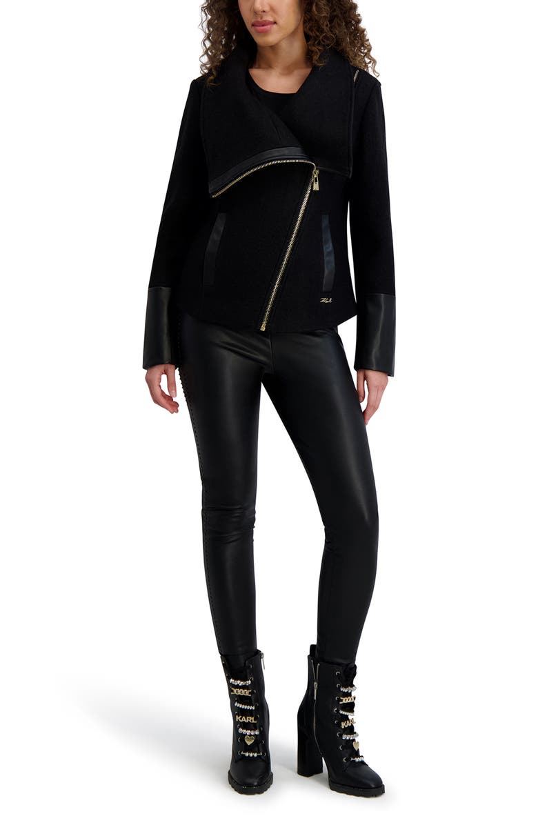 KARL LAGERFELD PARIS Wool Blend & Faux Leather Asymmetric Jacket, Alternate, color, Black