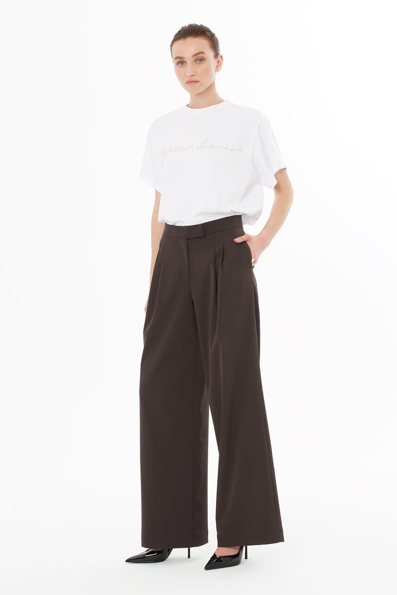 Front Pleated Brown Tailored Wide-Leg Trousers, Alternate, color, Brown