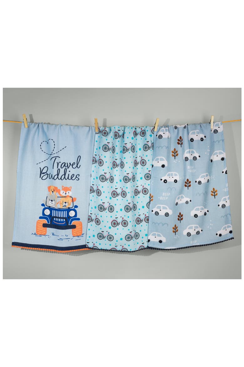 The Wayfarer Set of 3 Cotton Waffle Kitchen Towels, Alternate, color, DUSTY BLUE/ CLEMENTINE