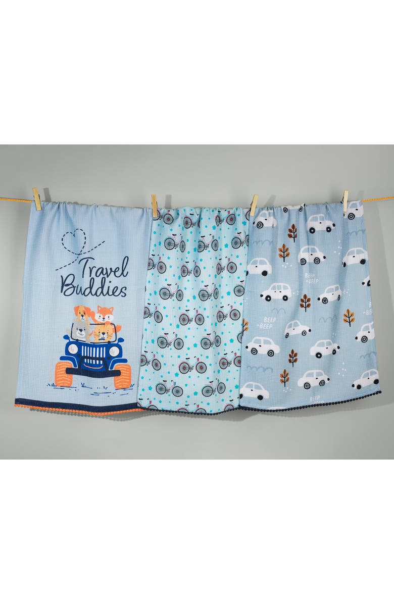 Tiramisu The Wayfarer Set of 3 Cotton Waffle Kitchen Towels, Alternate, color, Dusty Blue/ Clementine