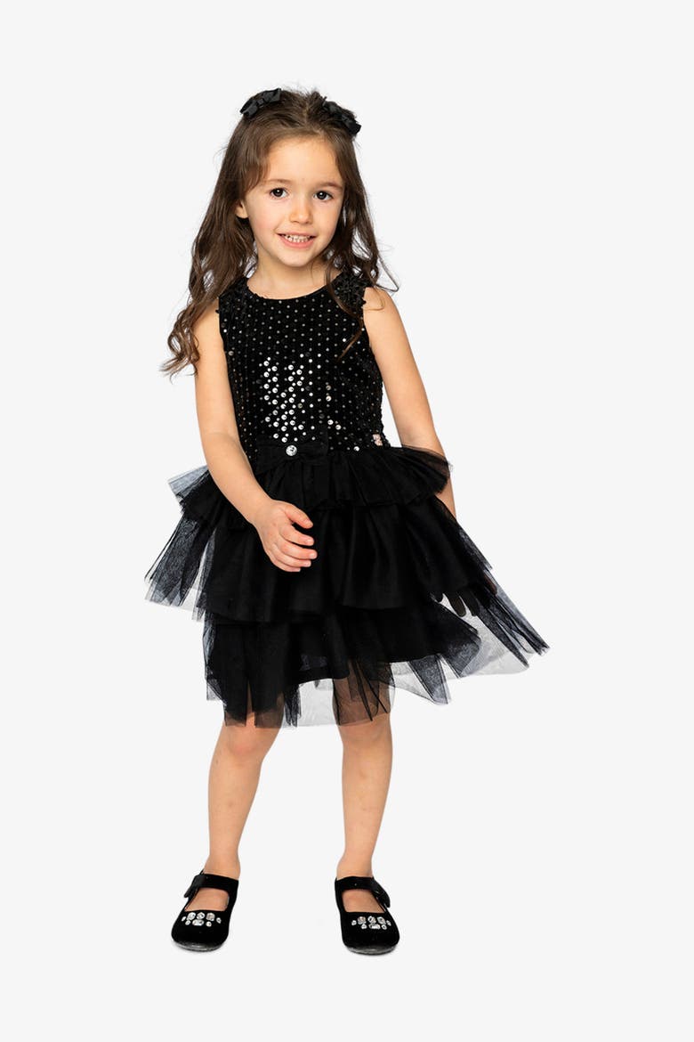 Bi-Material Sparkle Velour Tiered Mesh Sleeveless Dress, Alternate, color, Black