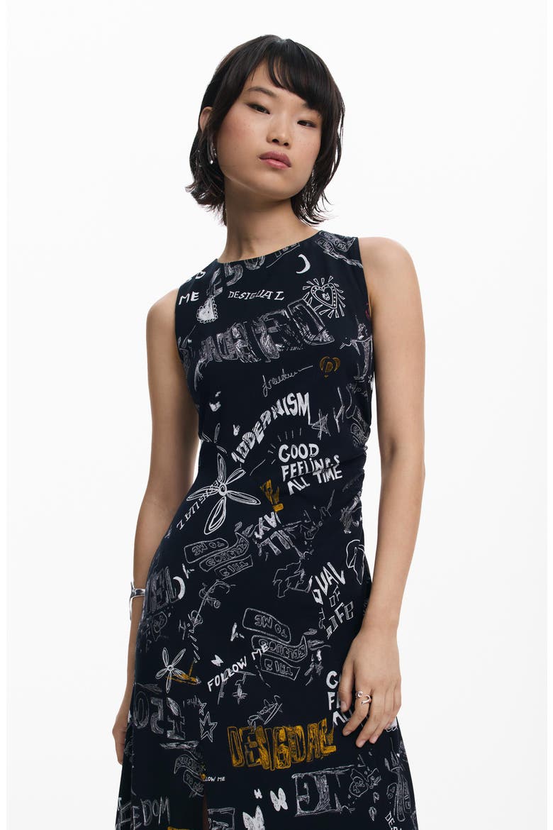 Slogan Print Asymmetric Hem Dress, Alternate, color, BLACK