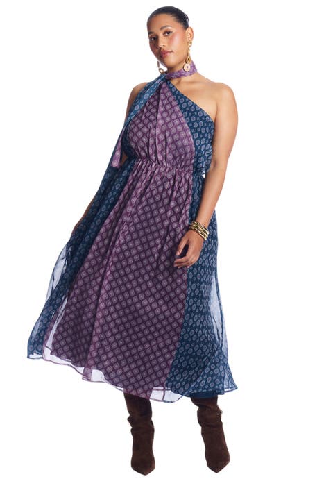 One Shoulder Chiffon Maxi Dress With Neck Tie (plus)