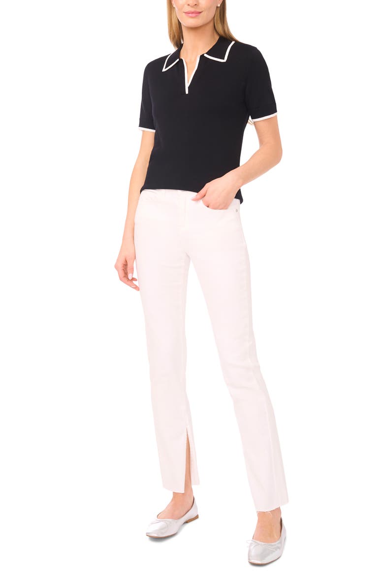 Tipped Johnny Collar Short Sleeve Sweater, Alternate, color, RICH BLACK