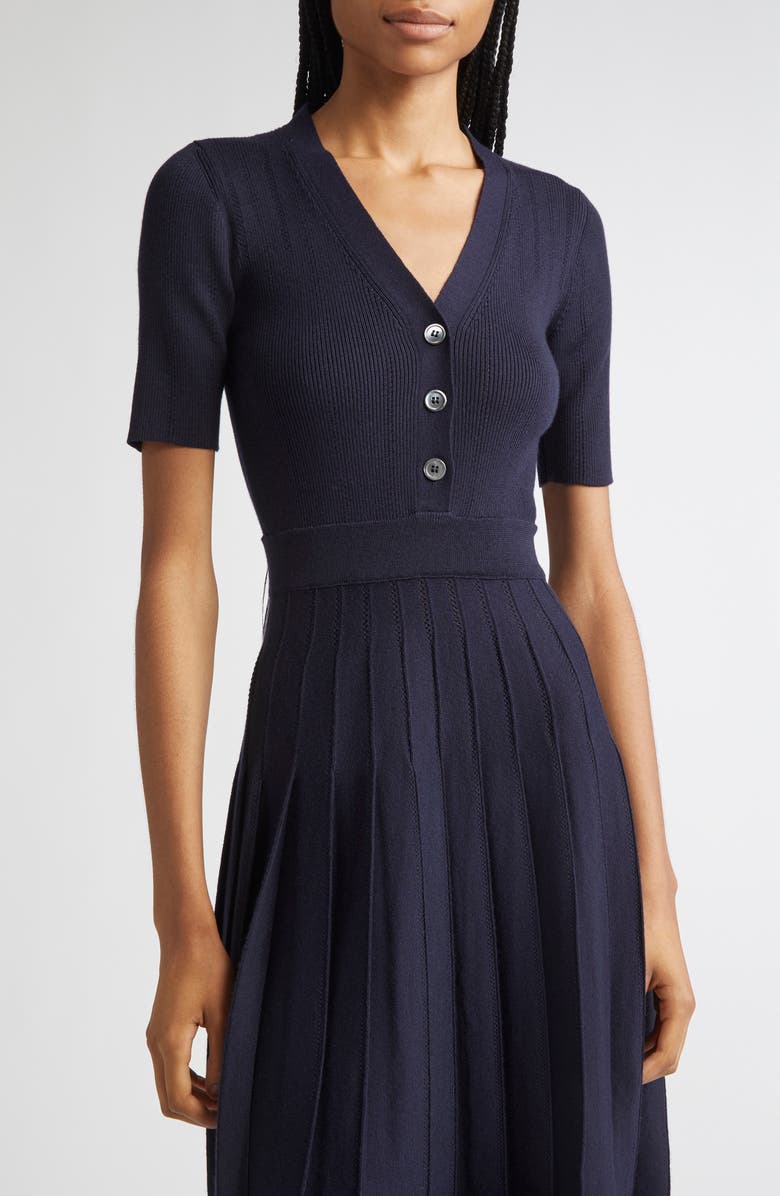 Thom Browne Mixed Stitch Wool & Silk Midi Dress, Alternate, color, Navy