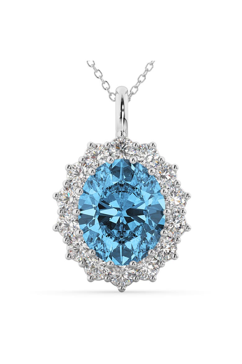 Oval Blue Topaz & Diamond Halo Pendant Necklace 14k, Main, color, 6.40ct/White Gold