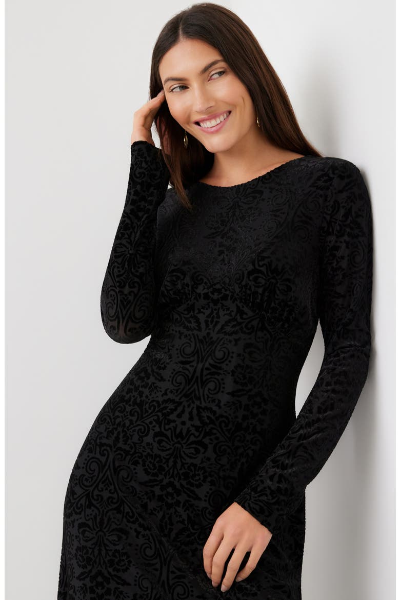 Velvet Burnout Midi Dress, Alternate, color, BLACK