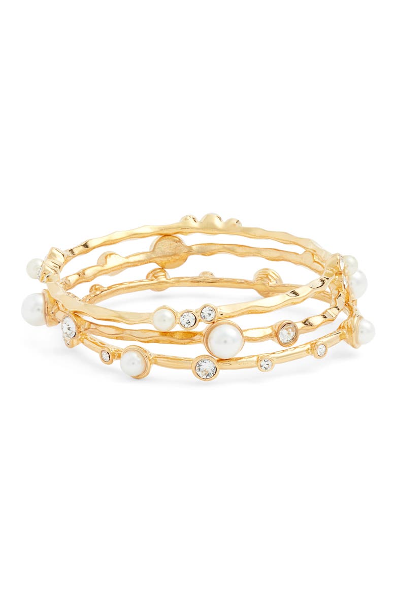 Set of 3 Crystal & Faux Pearl Bangles, Main, color, GOLD