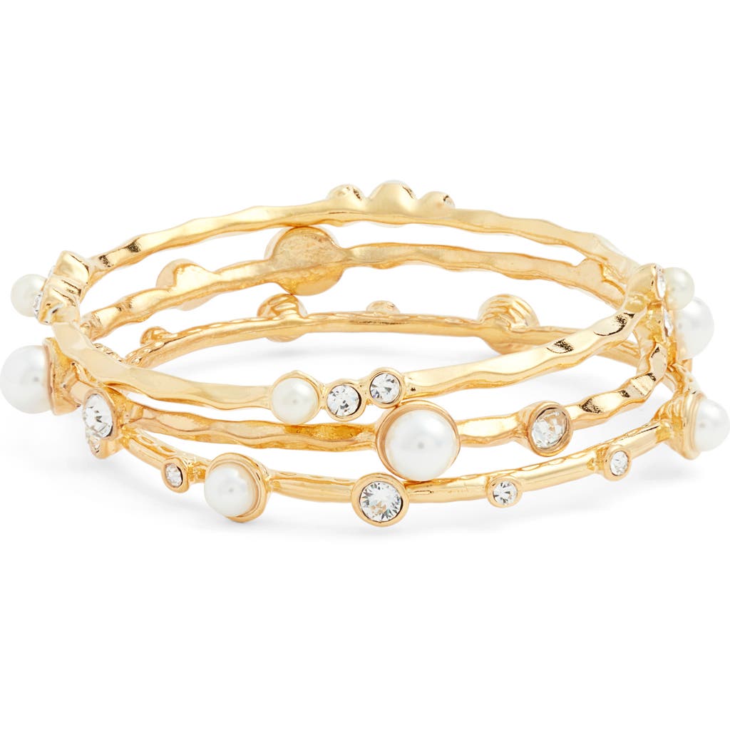 Kenneth Jay Lane Set Of 3 Crystal & Faux Pearl Bangles In Gold