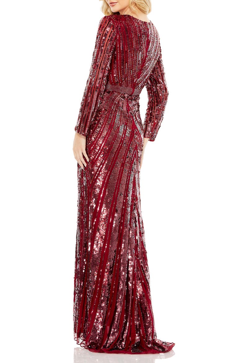 Sequin Long Sleeve Wrap Front Gown, Alternate, color, BURGUNDY