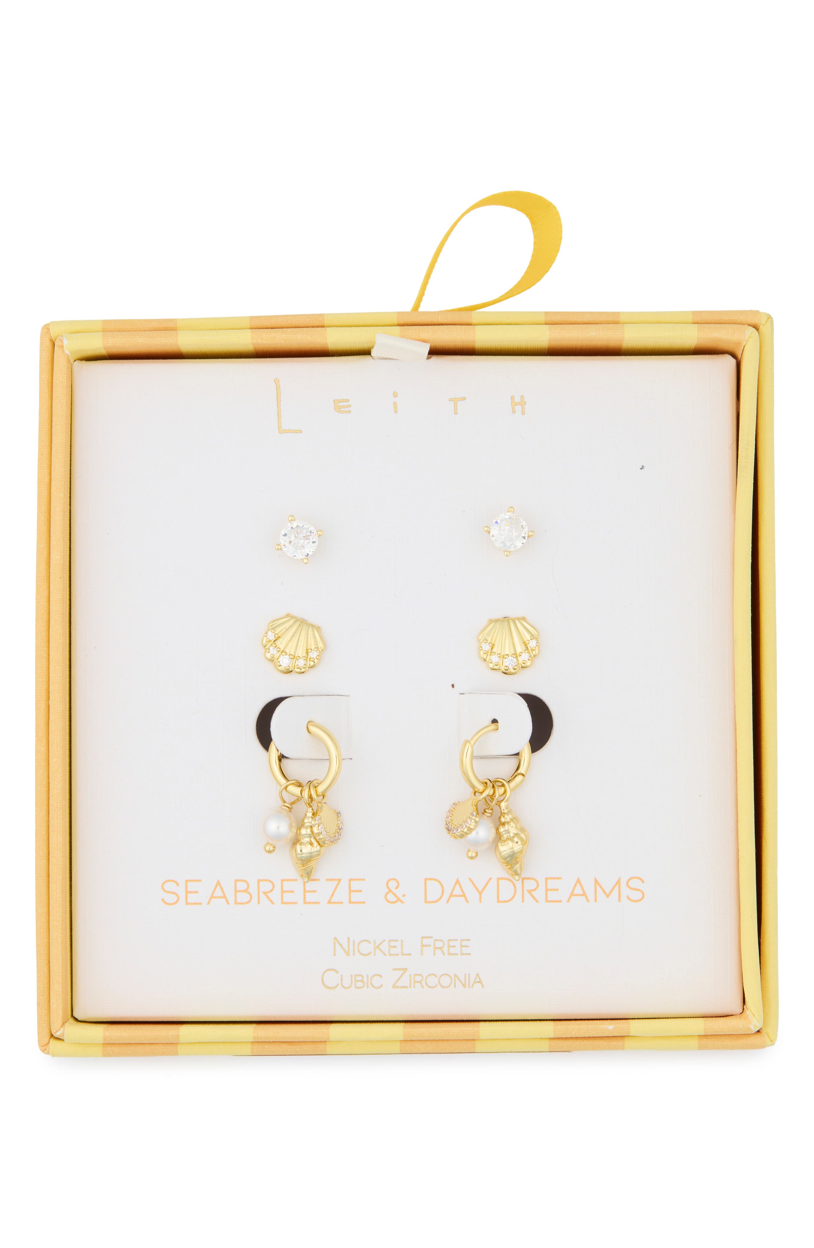 Leith Set of 3 Cubic Zirconia Stud, Shell & Cultured Pearl Charm Huggie Hoop Earrings