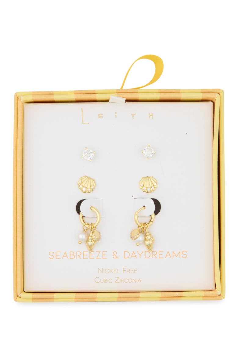 Set of 3 Cubic Zirconia Stud, Shell & Cultured Pearl Charm Huggie Hoop Earrings, Main, color, CLEAR- WHITE- GOLD
