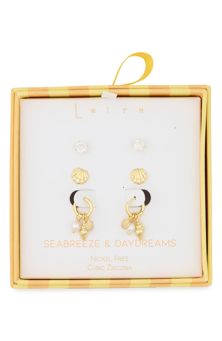 Leith Set of 3 Cubic Zirconia Stud, Shell & Cultured Pearl Charm Huggie Hoop Earrings, Main, color, Clear- White- Gold