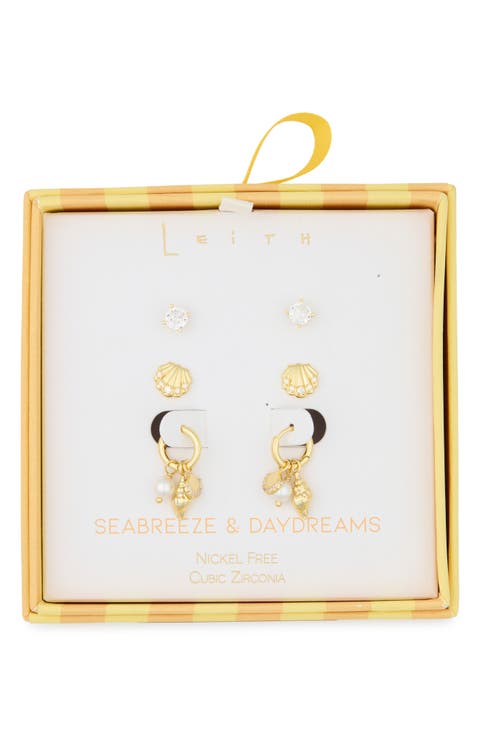 Set of 3 Cubic Zirconia Stud, Shell & Cultured Pearl Charm Huggie Hoop Earrings
