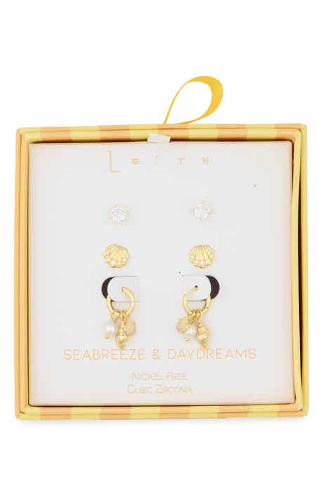 Leith Set of 3 Cubic Zirconia Stud, Shell & Cultured Pearl Charm Huggie Hoop Earrings