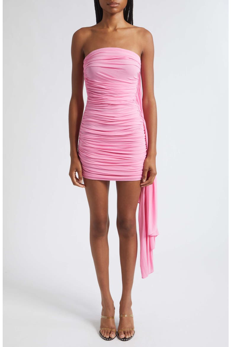 Asymmetric Ruched Strapless Minidress, Main, color, BEGONIA PINK