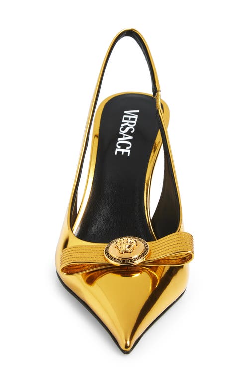 Versace Medusa Bow Metallic Pointed Toe Slingback Pump In Gold