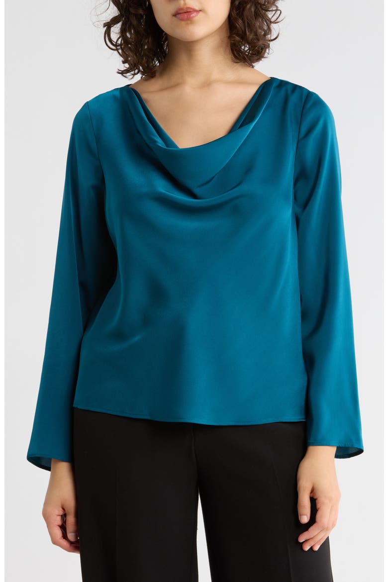 Cowl Neck Long Sleeve Satin Top, Main, color, TEAL