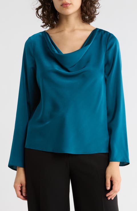 Cowl Neck Long Sleeve Satin Top