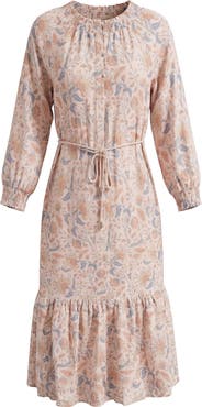 Noni Floral Smocked Mock Neck Belted Tiered Dress