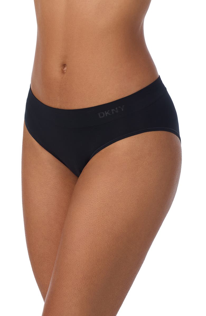 DKNY 3-Pack Seamless LiteWear Bikinis, Main, color, Black