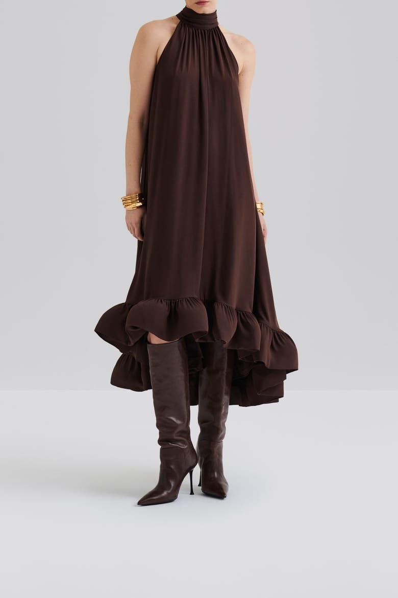 Sabrina Halterneck Ruffled Midi Dress, Alternate, color, Chocolate