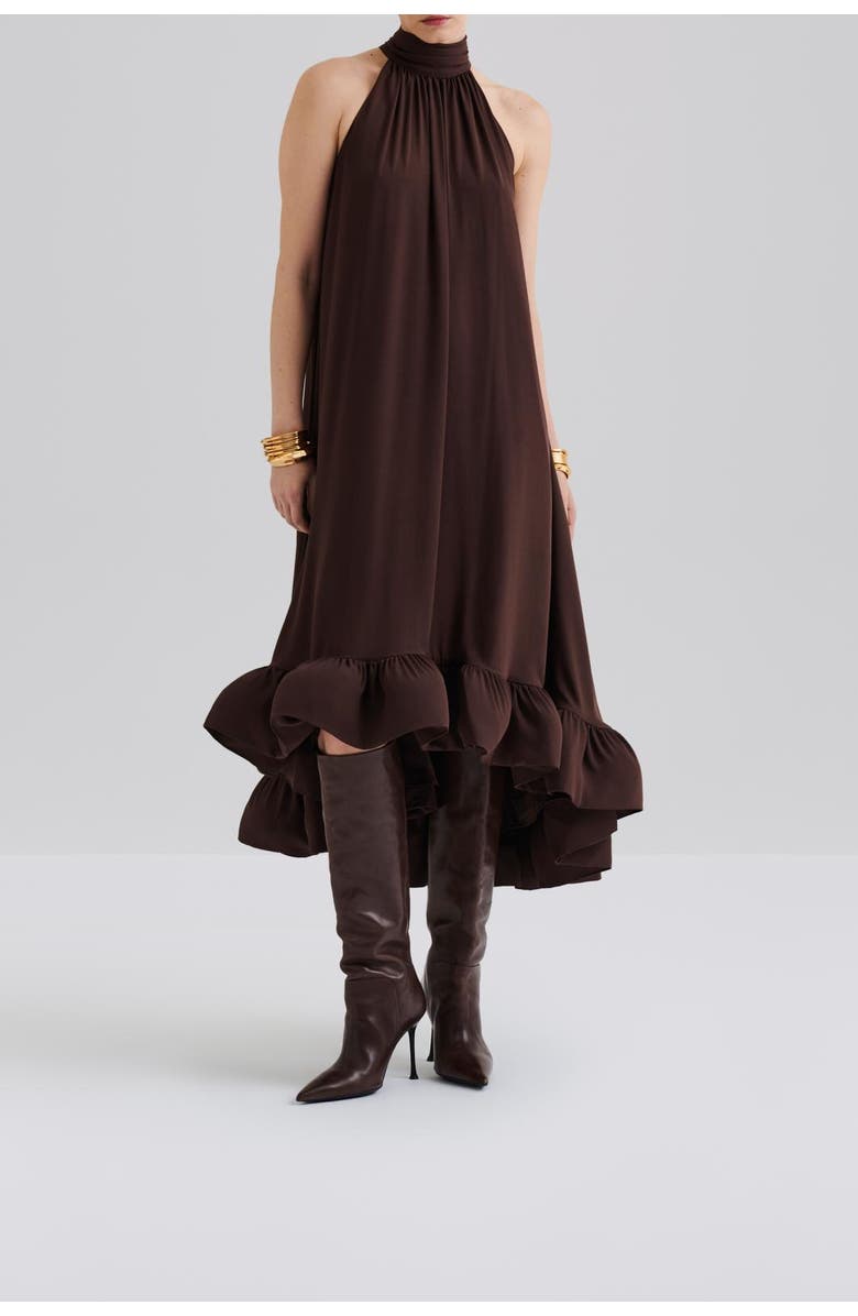 Malina Sabrina Halterneck Ruffled Maxi Dress, Alternate, color, Chocolate