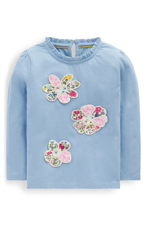 Kids' Flower Appliqué Ruffle Neck Cotton Graphic T-Shirt (Toddler, Little Kid & Big Kid)