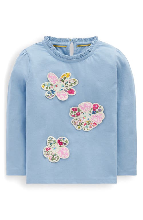 Mini Boden Kids' Flower Appliqué Ruffle Neck Cotton Graphic T-shirt In Blue