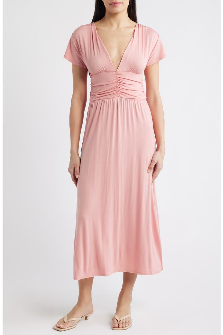 Ruched Bodice Midi Dress, Main, color, DUSTY ROSE
