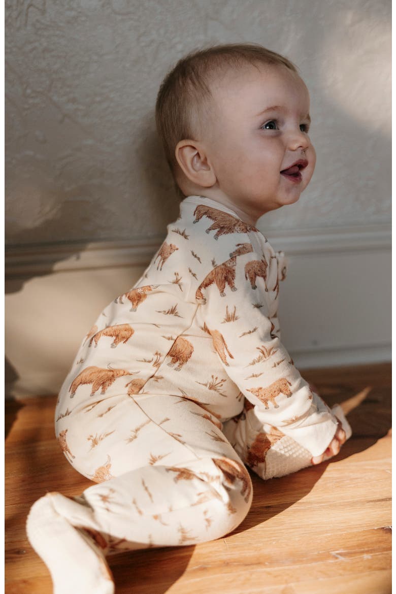 Print Organic Cotton Zip Footie, Alternate, color, HIGHLAND COW