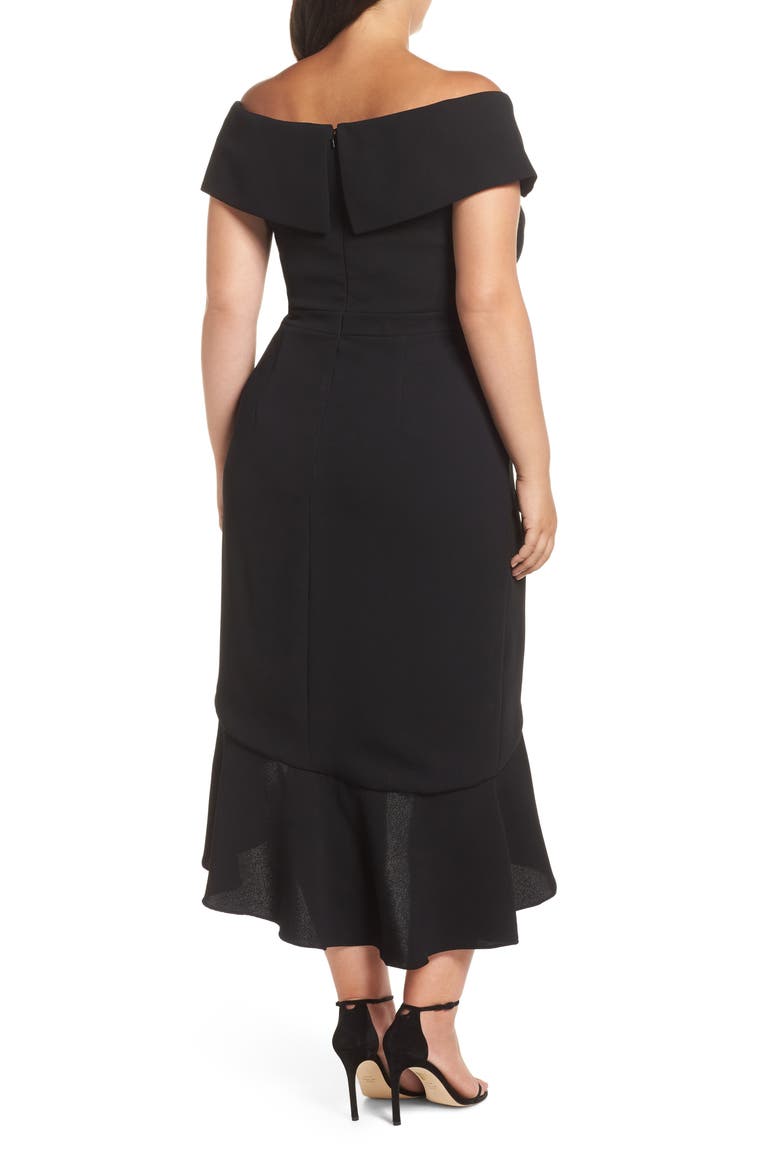 Xscape Off the Shoulder Ruffle Midi Dress, Alternate, color, BLACK