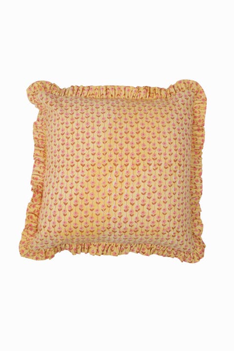 Sunwashed Floral Ruffle Blockprint Pillow Cover