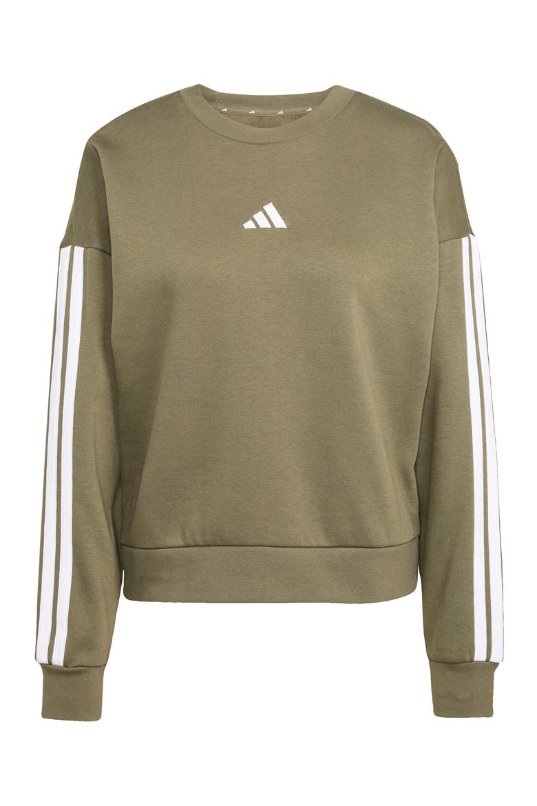 Essentials 3-Stripes Fleece Sweatshirt, Alternate, color, OLIVE STRATA/ WHITE