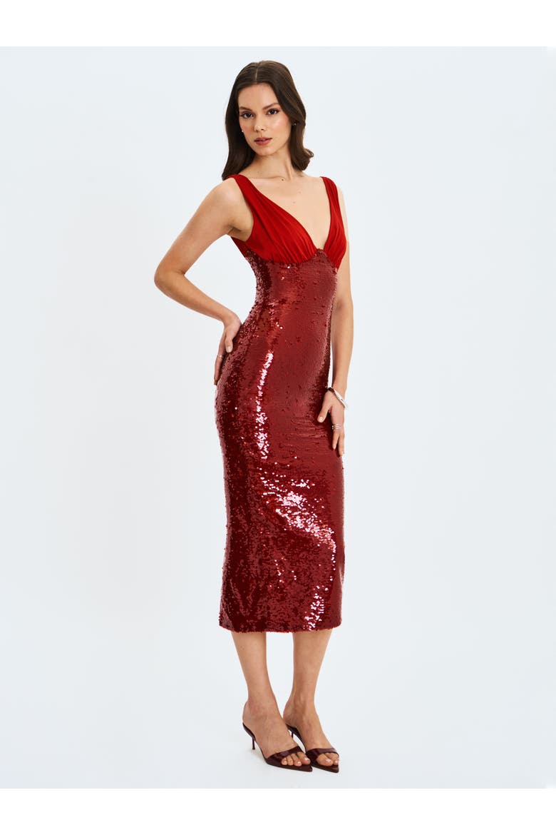 Shanelle Sequin Plunging Midi Dress, Alternate, color, Crimson